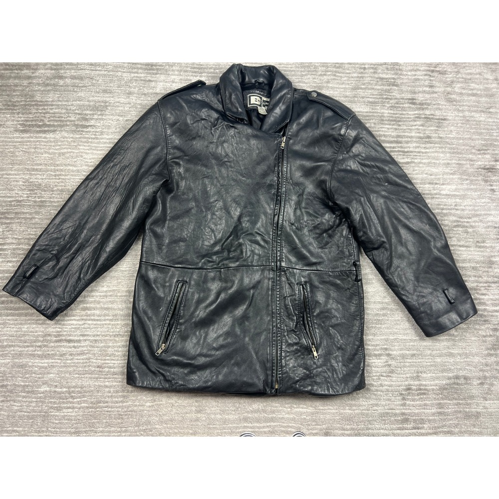 BP Luis Alvear Leather Jacket Mens M Black Asymmetrical Zip Moto L-813 Epaulets